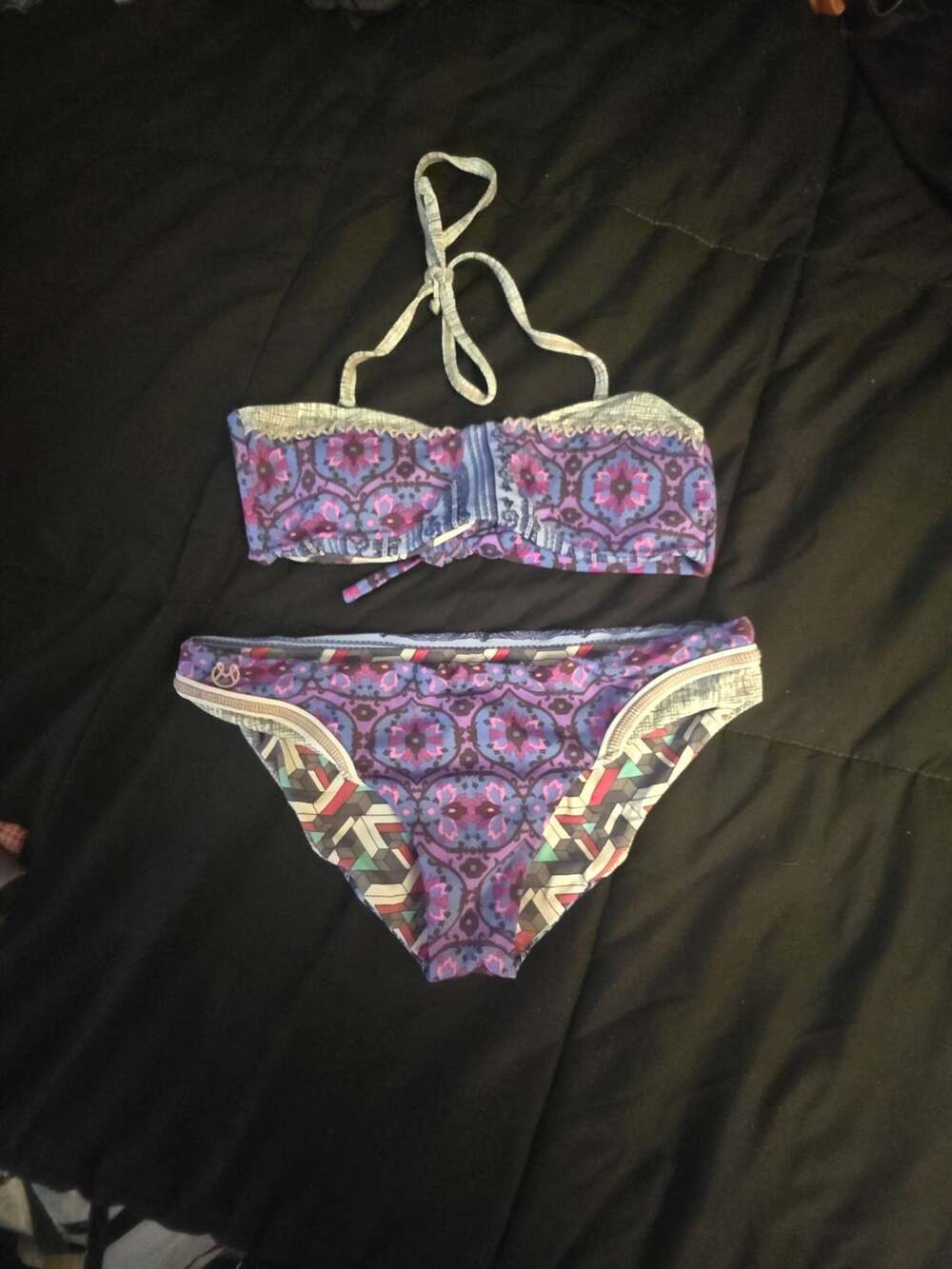 Maaji Reversible Bikini Set Bandeau Top and Bottoms Purple Geometric